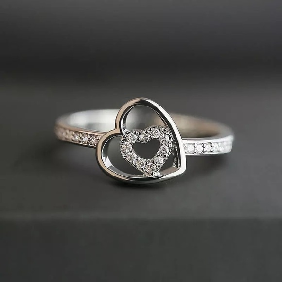 New 925 Silver Lovely Double Hearts Diamond Ring - Picture 4 of 6
